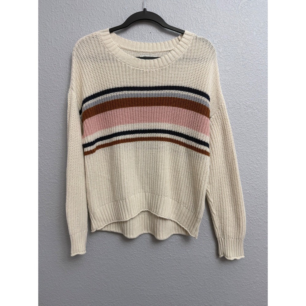American Eagle Striped Crew Neck Sweater Cream Multi Color Cotton Blend Small